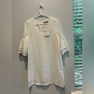 Belongsci Hot White Sweet V-Neck Bell Sleeve Shift Mini Dress Size S